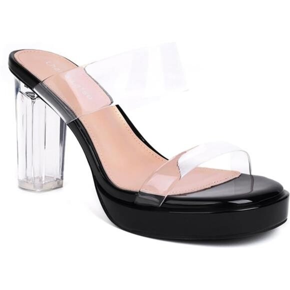 Women's Clear Heel Transparent Two Strap Chunky Block High Heel Slip on Sandals - Picture 8 of 8